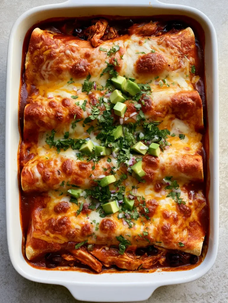 High Protein Chicken Enchiladas: The Ultimate Cheesy Shredded Thigh and Bean Bake 2 Close-up of four tightly rolled tortillas smothered in thick red sauce and melted cheese. (High Protein Chicken Enchiladas)