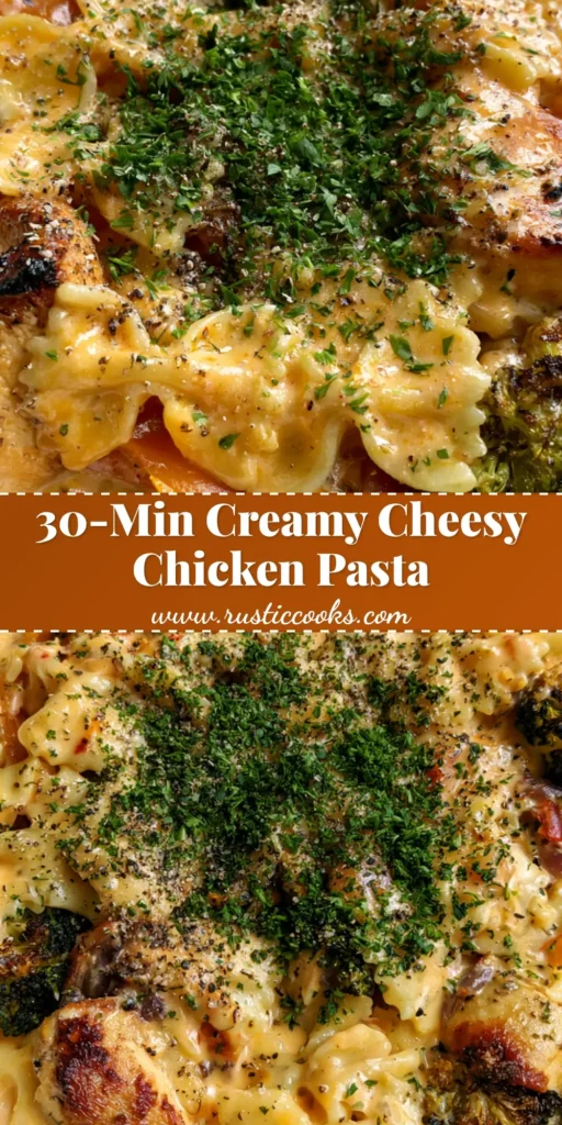 A handheld smartphone photo of Creamy Chicken Bowtie Pasta in a white bowl with charred broccoli and golden seared chicken.