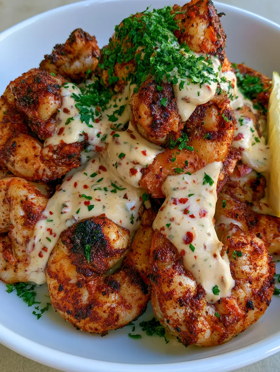 Crispy Cajun Shrimp with Ivory Cream Sauce and Fresh Parsley 3 Close up shot of pan-seared jumbo shrimp heavily coated in Cajun spices with a thick ivory cream sauce drizzle and green herbs. (Crispy Cajun Shrimp)