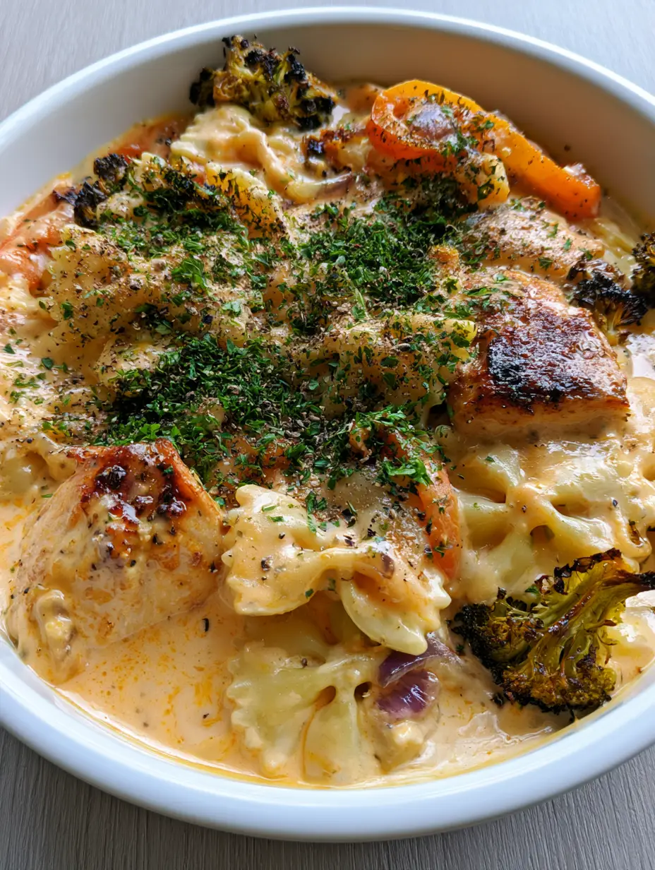 Top-down view of Creamy Chicken Bowtie Pasta showing the glossy pale orange sauce and fresh parsley garnish.
