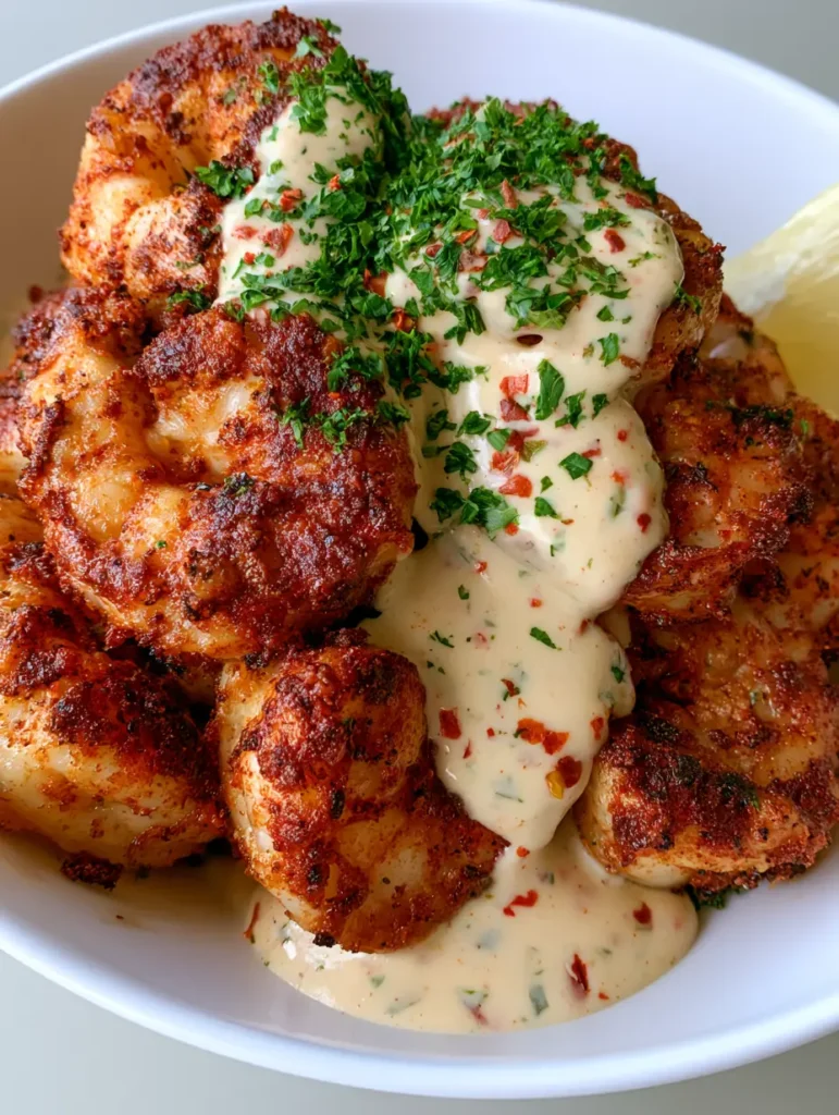 Crispy Cajun Shrimp with Ivory Cream Sauce and Fresh Parsley 1 A handheld smartphone photo of Crispy Cajun Shrimp in a white bowl showing crispy edges and red chili flakes in a cream sauce.