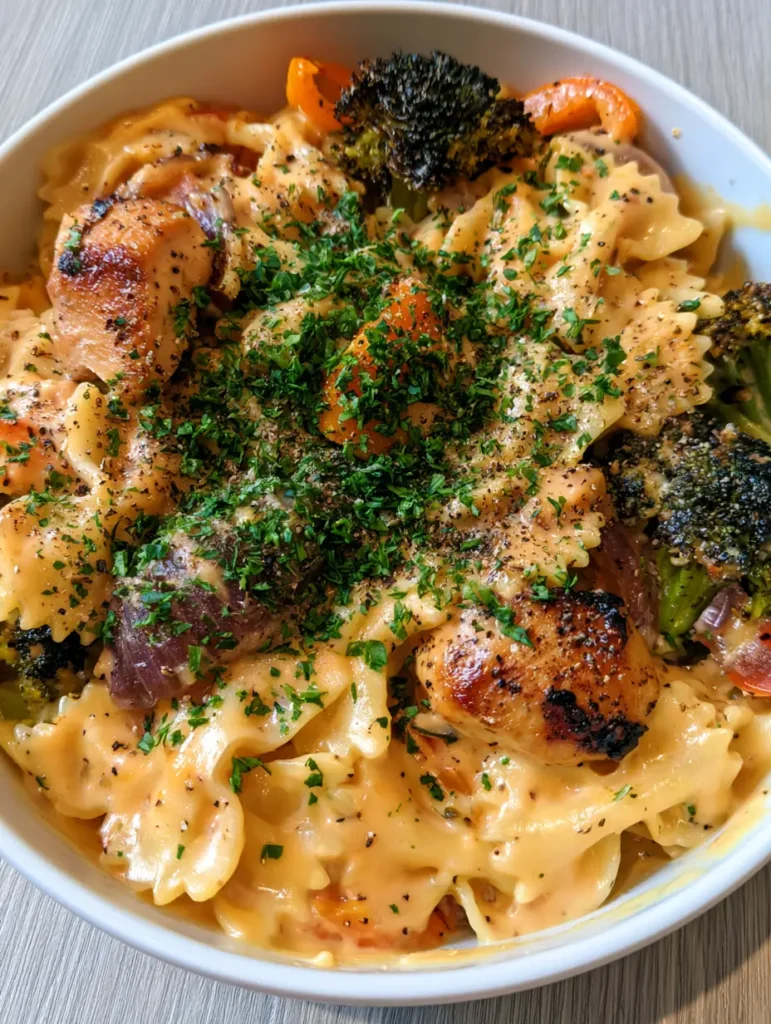 Close up of seared chicken chunks and charred broccoli florets mixed with bowtie pasta.