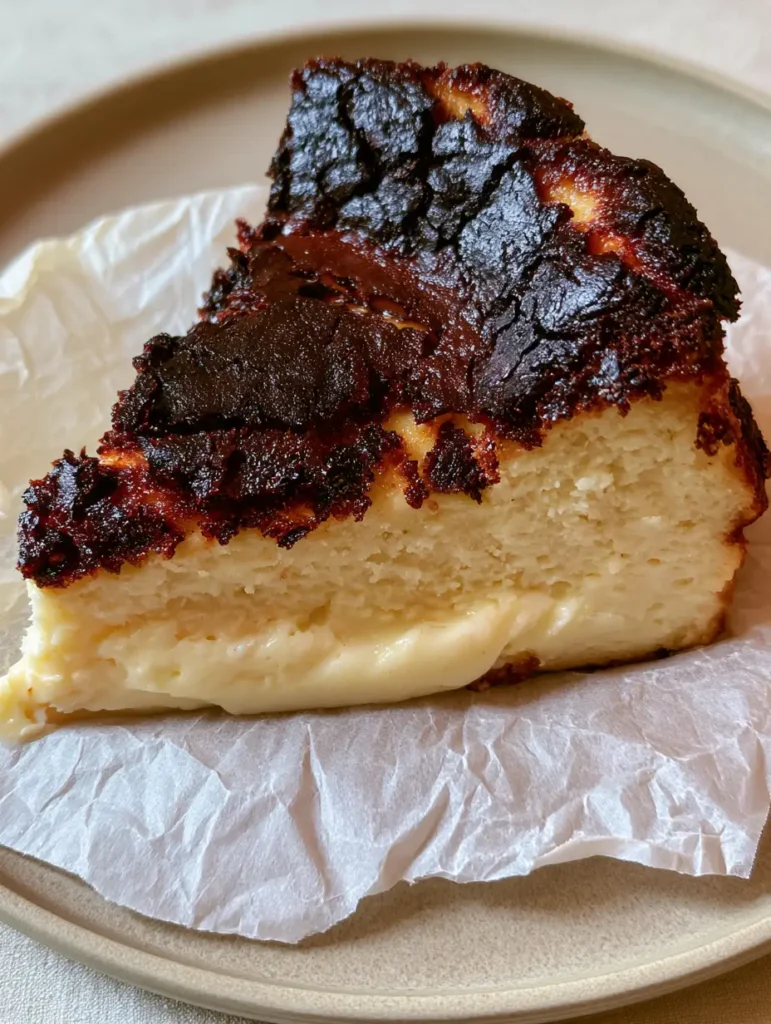 Close up of the deeply caramelized, nearly black top and rustic cracked texture of a San Sebastian Burnt Cheesecake.