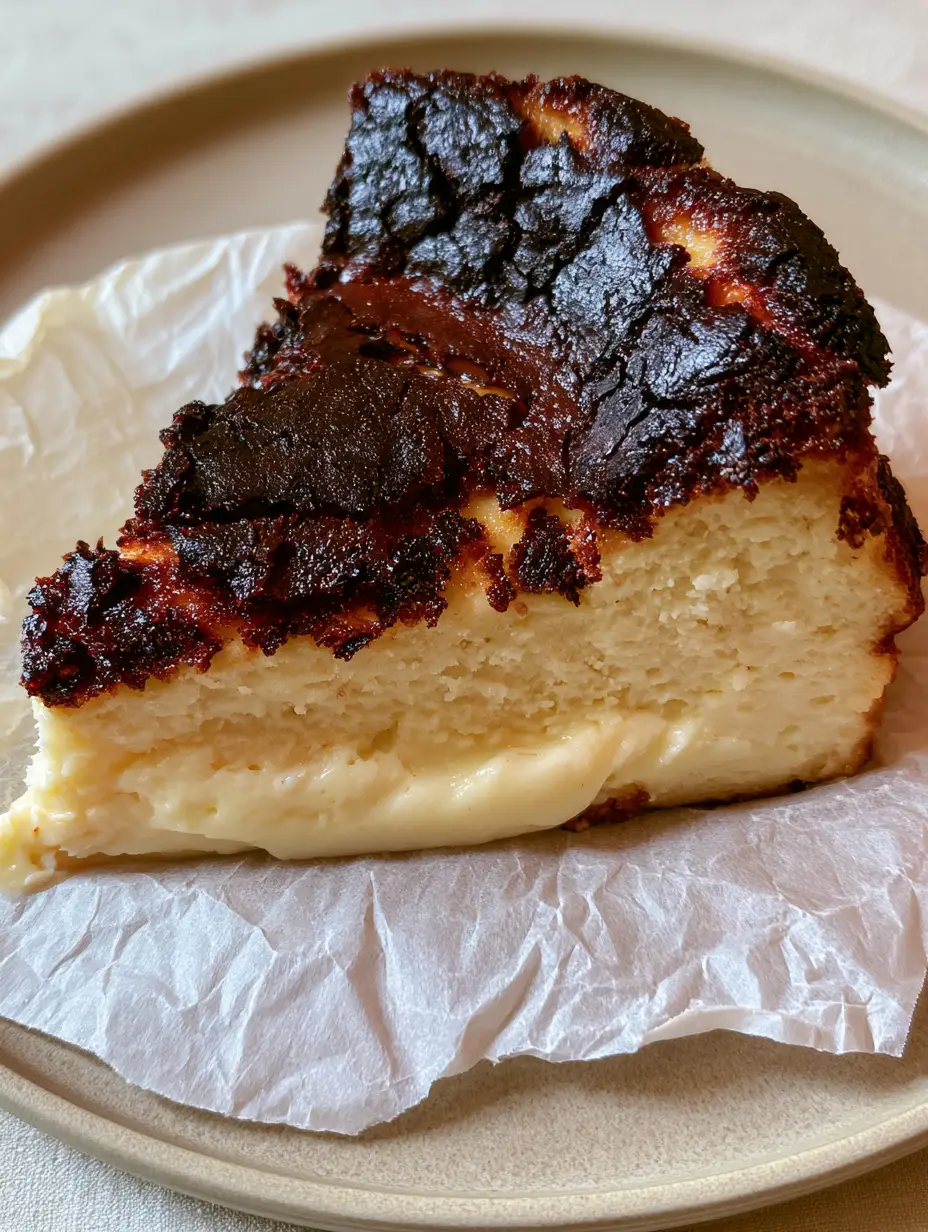 Close up of the deeply caramelized, nearly black top and rustic cracked texture of a San Sebastian Burnt Cheesecake.