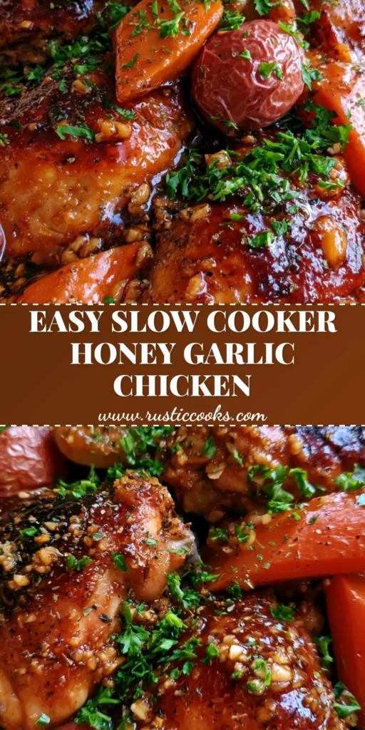 Slow Cooker Honey Garlic Chicken with Tender Red Potatoes and Carrots 4 A top-down view of Slow Cooker Honey Garlic Chicken in a ceramic insert with glossy glazed thighs, red potatoes, and green beans.