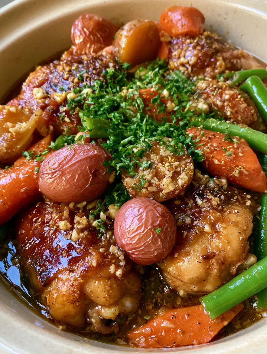 Slow Cooker Honey Garlic Chicken with Tender Red Potatoes and Carrots 3 Close-up handheld photo of honey garlic chicken thighs with dark amber glaze and visible garlic clusters. (Slow Cooker Honey Garlic Chicken)