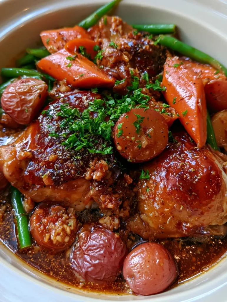 Slow Cooker Honey Garlic Chicken with Tender Red Potatoes and Carrots 1 Slow cooker ceramic insert filled with bone-in chicken thighs, diagonal carrots, and wrinkled red baby potatoes.