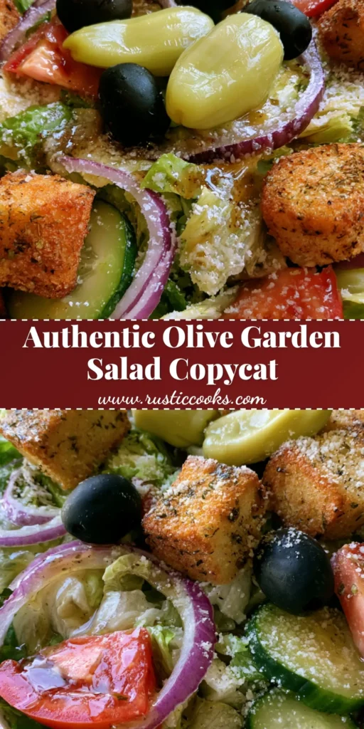 A vibrant Copycat Olive Garden Salad in a clear glass bowl featuring Roma tomatoes, black olives, and pepperoncini.