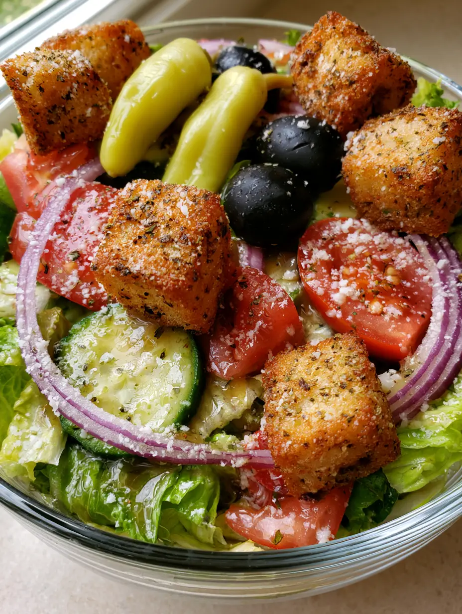 Close up of Copycat Olive Garden Salad showing translucent red onion rings and glossy dressing. (Copycat Olive Garden Salad)