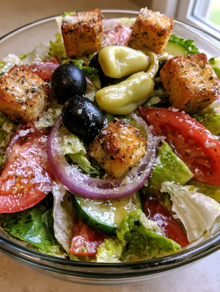 A top-down view of a Copycat Olive Garden Salad dusted with powdery parmesan cheese and topped with herb croutons.