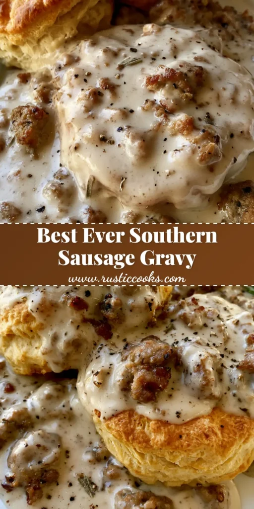 Sausage Gravy Recipe: The Ultimate Creamy Southern Comfort 4 A handheld smartphone photo showing two halved golden buttermilk biscuits smothered in thick white cream gravy with sausage crumbles and black pepper. (Sausage Gravy Recipe)