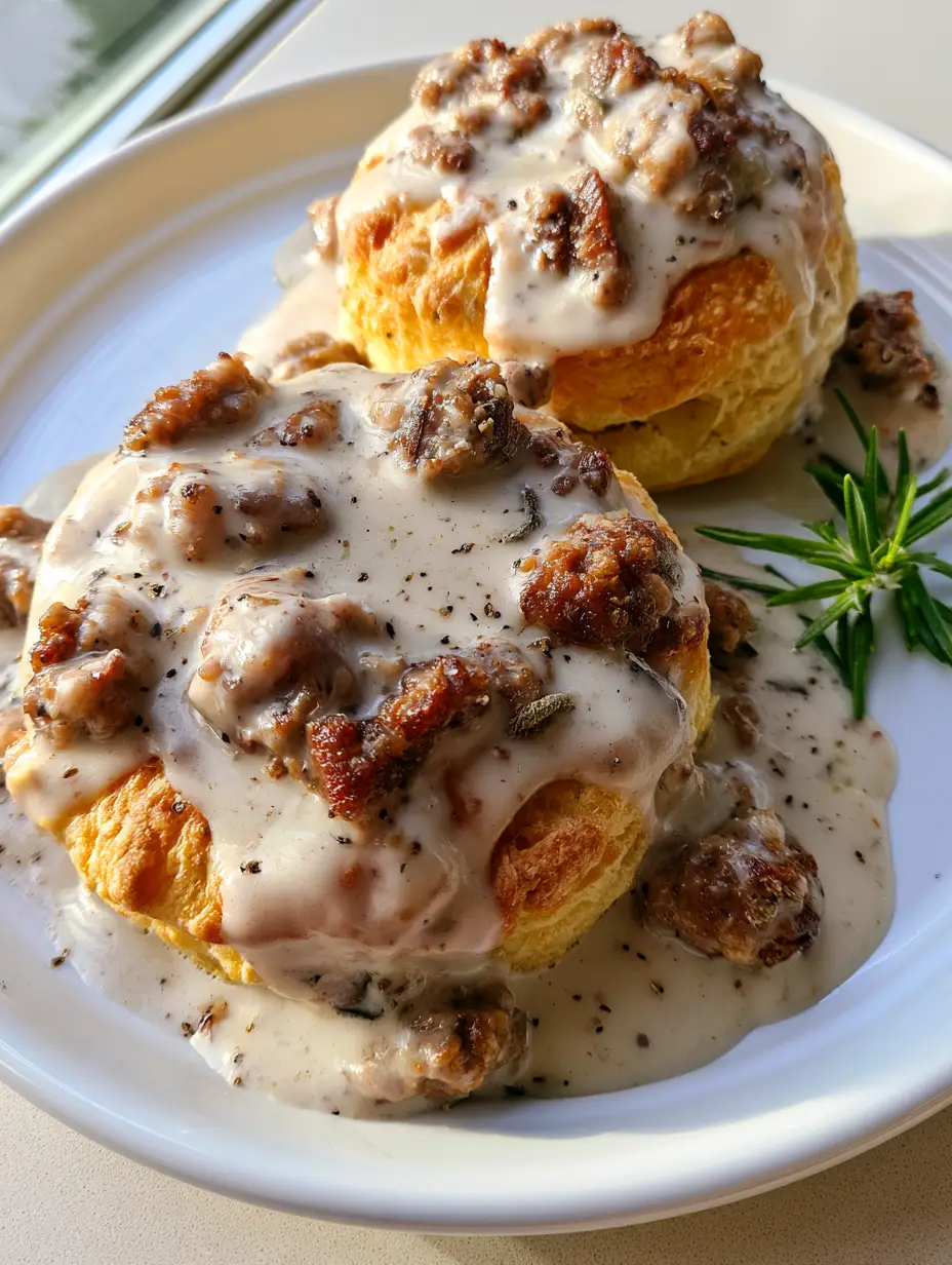 Sausage Gravy Recipe: The Ultimate Creamy Southern Comfort 3 Close up of savory browned pork sausage crumbles in a thick opaque white cream gravy with dried sage flakes. (Sausage Gravy Recipe)