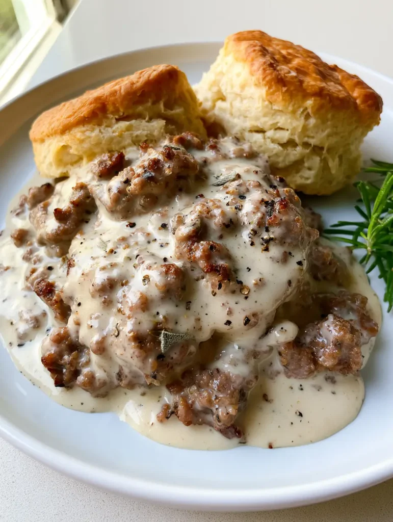 Sausage Gravy Recipe: The Ultimate Creamy Southern Comfort 1 Authentic Southern Sausage Gravy Recipe served on a white plate with a fresh rosemary garnish in natural daylight.