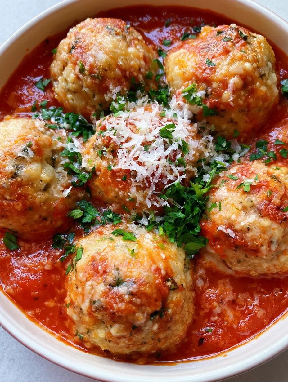 Chicken Ricotta Meatballs in Chunky Rustic Marinara 3 Baked Chicken Ricotta Meatballs with herb flecks and melted parmesan in a thick red tomato sauce.