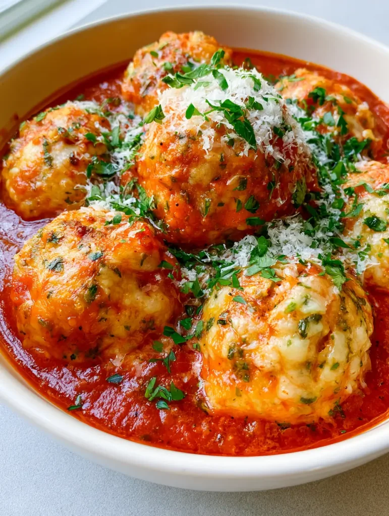 Chicken Ricotta Meatballs in Chunky Rustic Marinara 1 Chunky marinara sauce coating chicken meatballs in a white ceramic bowl.