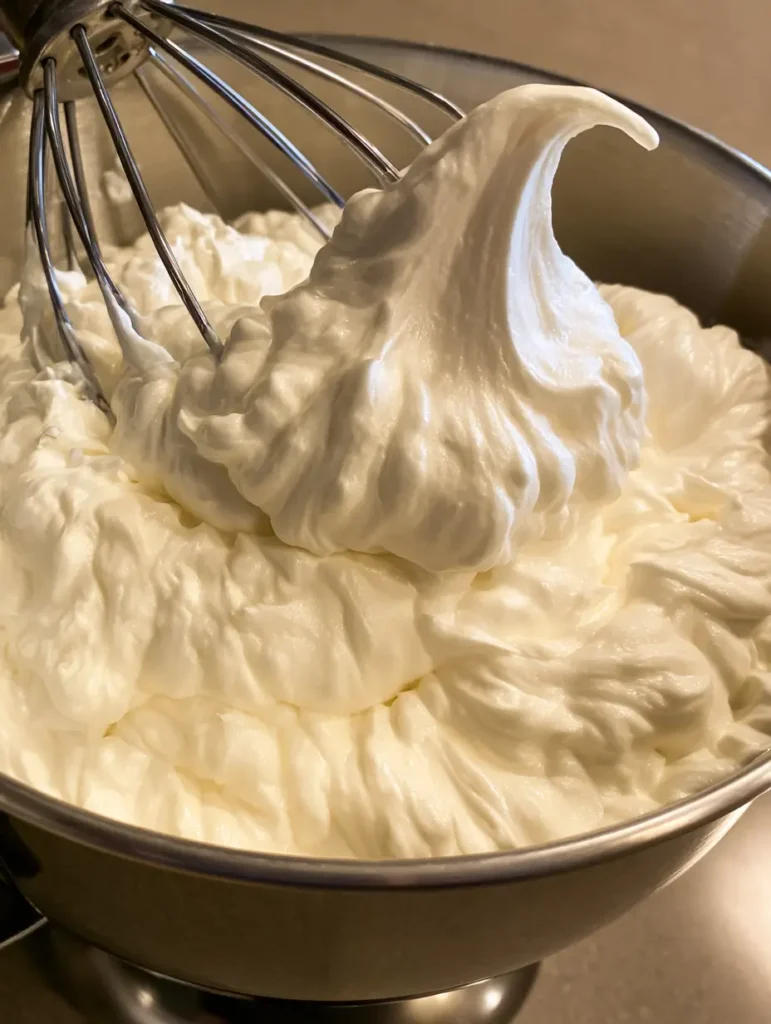 Thick and velvety Italian Meringue Buttercream in a stainless steel mixer bowl with a satin-like sheen.