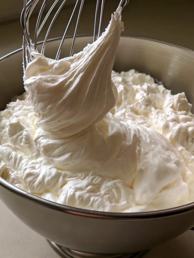 Italian Meringue Buttercream: The Ultimate Guide to Silky, Professional Frosting 1 Whisk attachment pulling a swirl of ivory Italian Meringue Buttercream showing stiff peaks and zero bubbles.