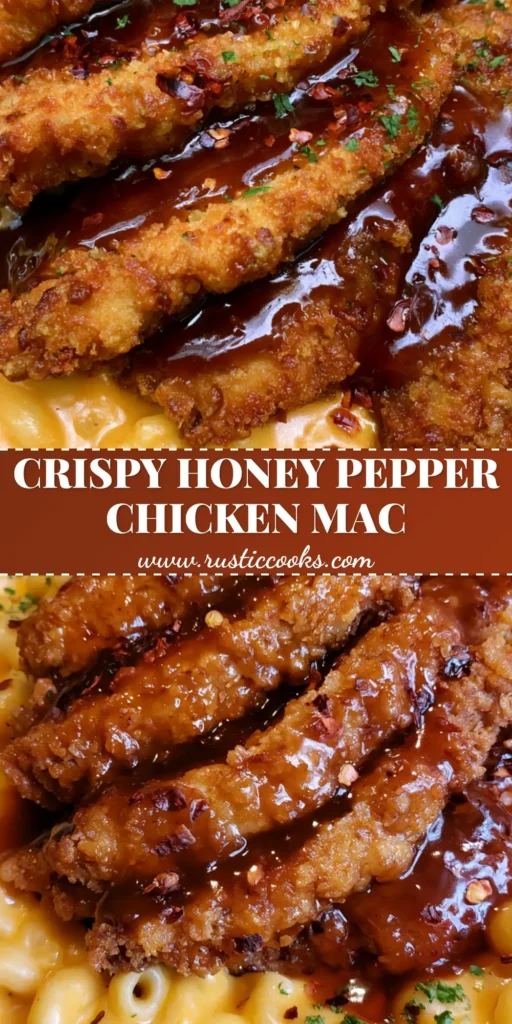 A top-down view of Honey Pepper Chicken Mac and Cheese in a cast iron skillet with crispy chicken and a glossy honey glaze.