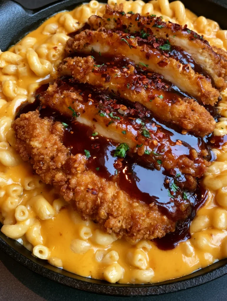 A close-up of creamy orange cheddar mac and cheese topped with sliced fried chicken and glossy honey pepper glaze. (Honey Pepper Chicken Mac and Cheese)