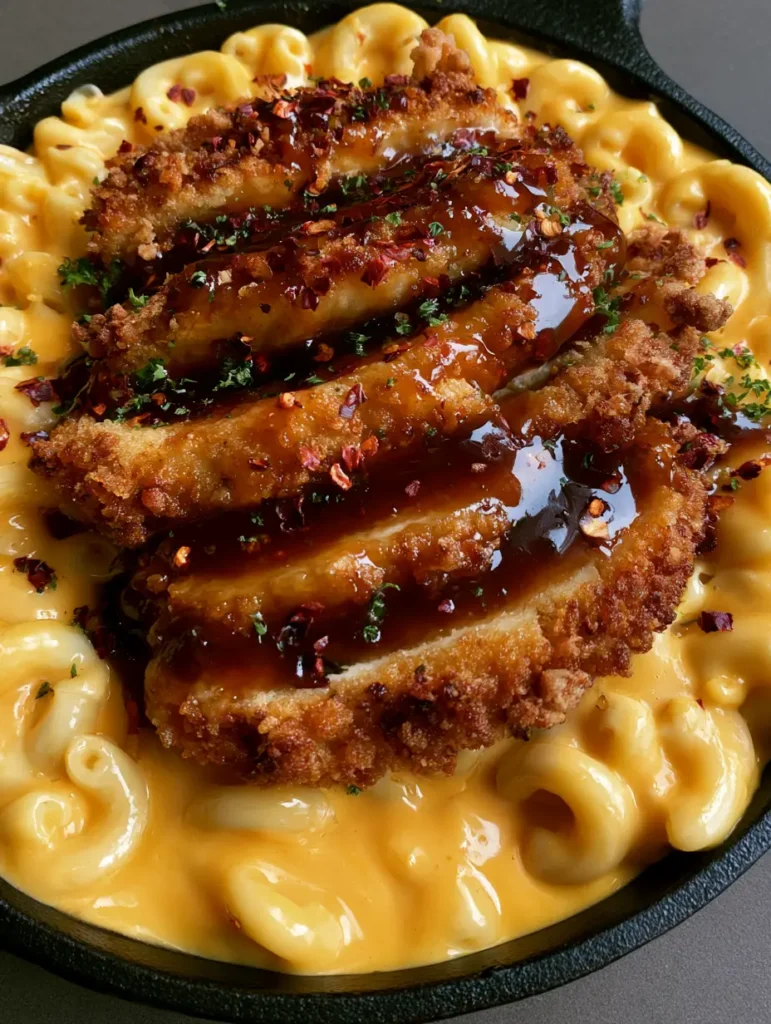 A handheld smartphone photo showing the texture of the breaded fried chicken and the dark honey pepper glaze pooling on the macaroni.