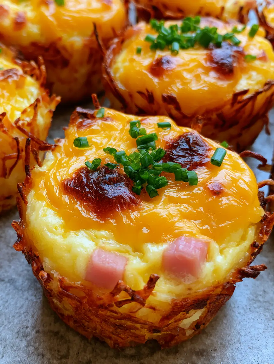 Ham and Cheese Egg Muffins with a Crispy Hashbrown Crust 3 Slightly overhead shot of Ham and Cheese Egg Muffins showing visible pink ham cubes and melted bubbly cheese with toasted spots.