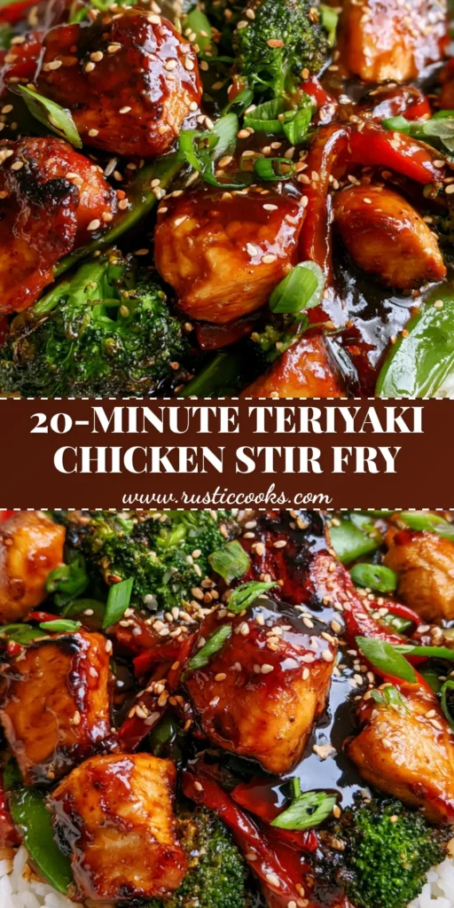 Teriyaki Chicken Stir Fry with Glossy Sauce and Charred Broccoli 4 A shallow white bowl of Teriyaki Chicken Stir Fry with glossy dark brown sauce, charred broccoli, and red peppers over jasmine rice. (Teriyaki Chicken Stir Fry)
