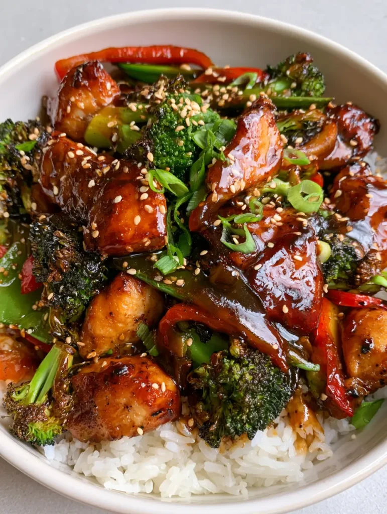 Teriyaki Chicken Stir Fry with Glossy Sauce and Charred Broccoli 1 Handheld photo of Teriyaki Chicken Stir Fry served in a white bowl on a gray tabletop.