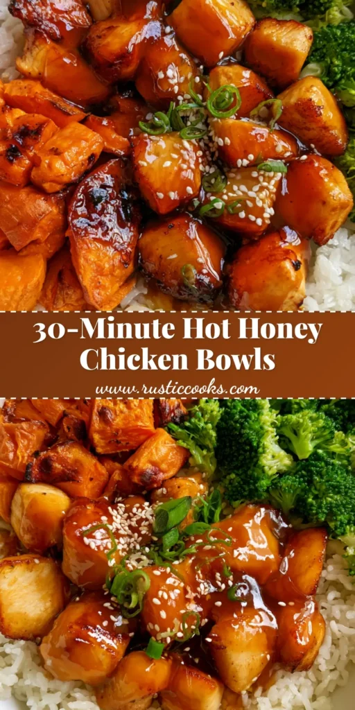 Hot Honey Chicken Bowls with Caramelized Sweet Potatoes and Fluffy Jasmine Rice 4 A top-down view of a white ceramic bowl featuring quadrants of hot honey chicken, roasted sweet potatoes, and steamed broccoli over jasmine rice. (Hot Honey Chicken Bowls)