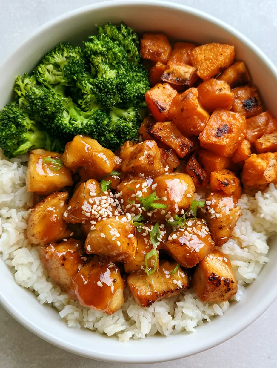 Hot Honey Chicken Bowls with Caramelized Sweet Potatoes and Fluffy Jasmine Rice 3 Close up photo of cubed pan-seared chicken with a glowing amber hot honey glaze and sesame seeds. (Hot Honey Chicken Bowls)