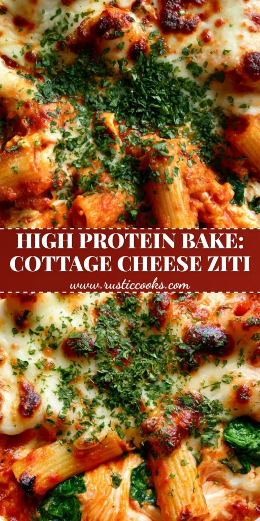 Overhead shot of High Protein Baked Ziti in a white ceramic dish with bubbly melted mozzarella, charred cheese edges, and fresh parsley garnish.