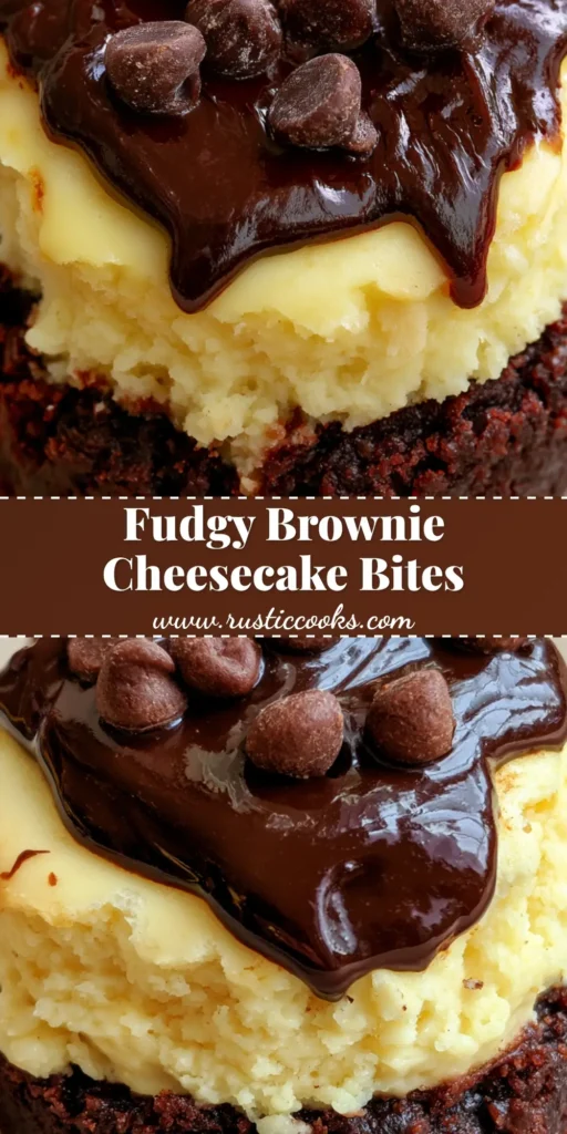 Brownie Bottom Cheesecake Bites: The Ultimate Fudgy and Creamy Mini Dessert 4 A close-up view of Brownie Bottom Cheesecake Bites with a thick dark brownie base, pale yellow cheesecake, and glossy ganache drizzle with mini chips.