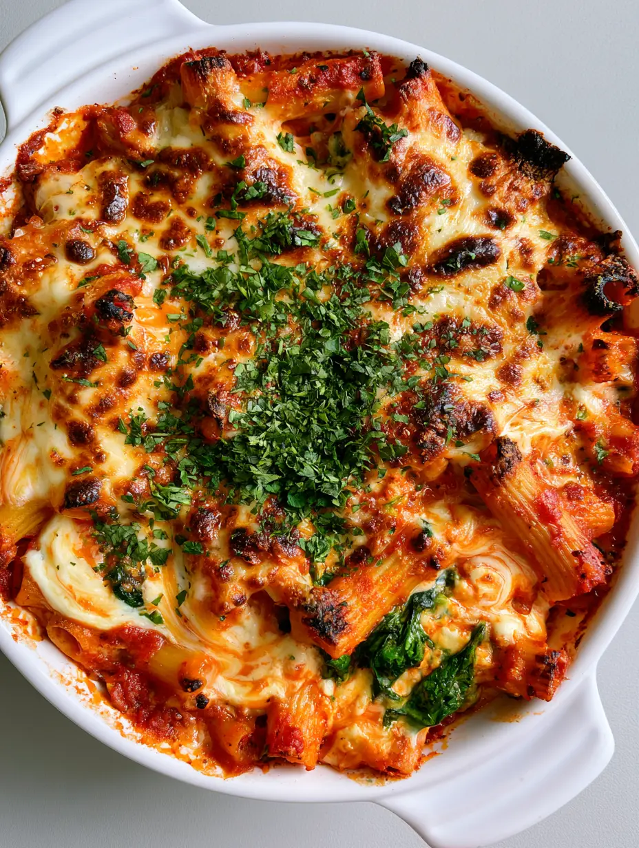 Close-up of baked ziti pasta showing the thick marinara sauce and marbled creamy blended cottage cheese with wilted spinach. (High Protein Baked Ziti)
