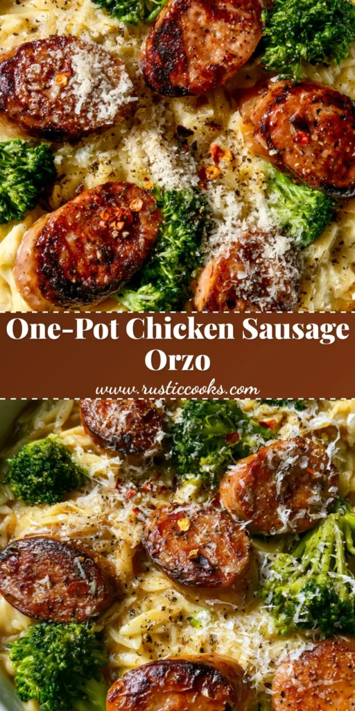 One-Pot Chicken Sausage Orzo with Creamy Broccoli and Parmesan 4 A top-down view of One-Pot Chicken Sausage Orzo in a white bowl with seared sausage and bright green broccoli.