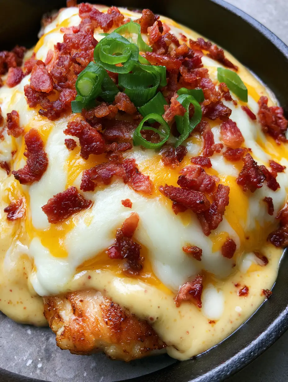 Alice Springs Chicken Recipe: The Ultimate Honey Mustard and Bacon Skillet 4 Close-up of golden-brown chicken breast covered in yellow honey mustard and bubbly melted Monterey Jack cheese. (Alice Springs Chicken Recipe)