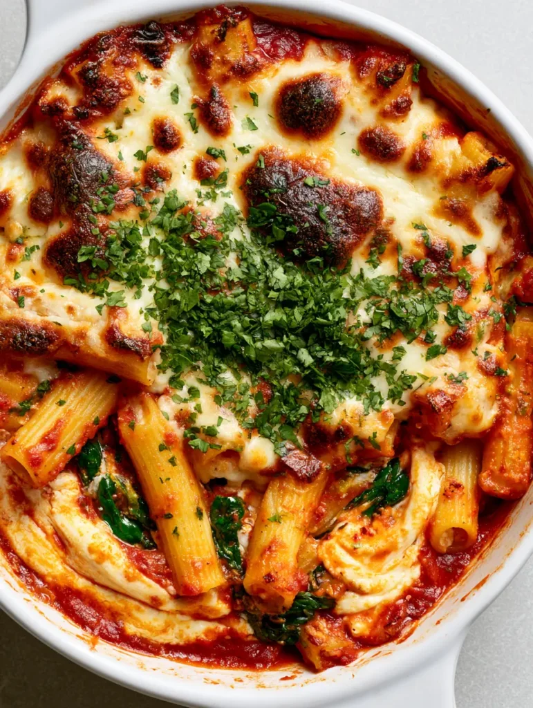 A steaming dish of High Protein Baked Ziti featuring toasted mozzarella edges and a vibrant green parsley sprinkle.