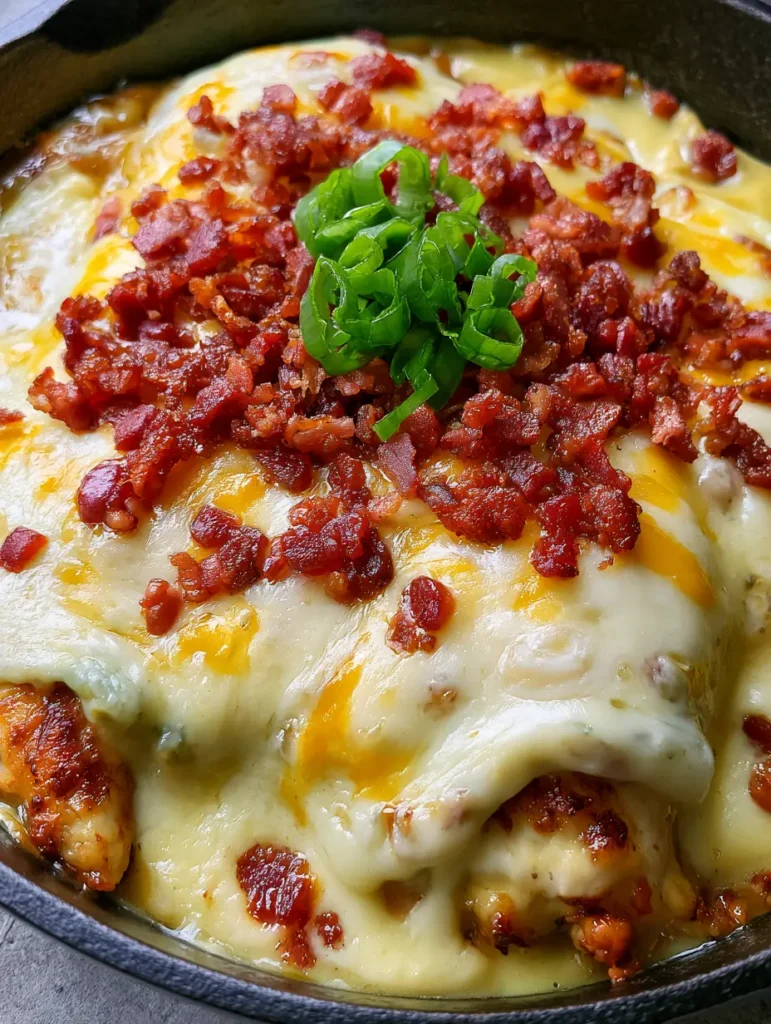 Alice Springs Chicken Recipe: The Ultimate Honey Mustard and Bacon Skillet 1 Macro shot of crispy bacon bits and sliced green scallions on a bed of melted sharp cheddar cheese.