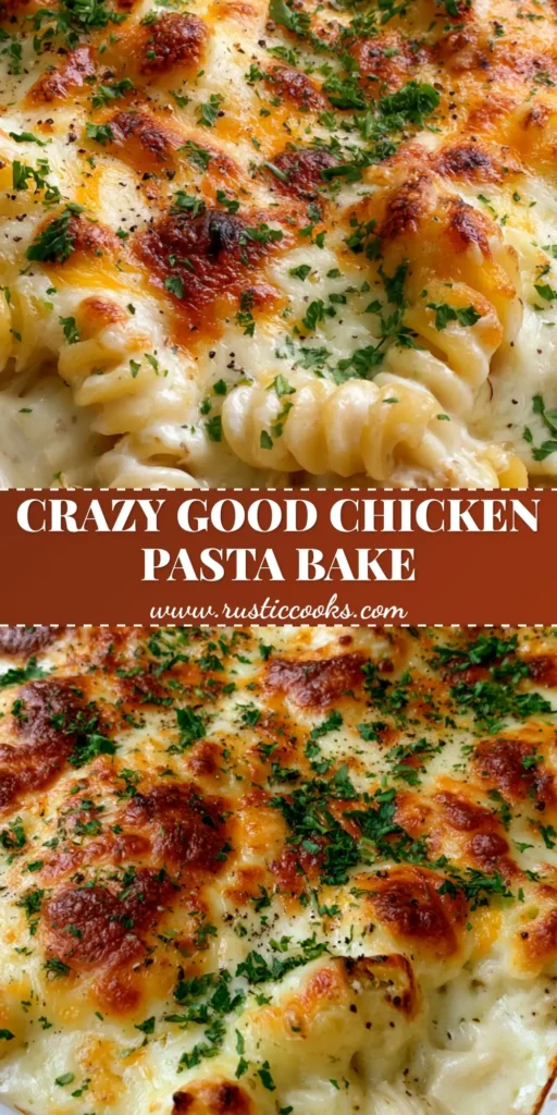 Chicken Pasta Casserole with a Bubbly Golden-Brown Cheese Crust 4 A bubbling Chicken Pasta Casserole in a white ceramic dish featuring melted mozzarella and cheddar with golden charred patches, garnished with parsley.