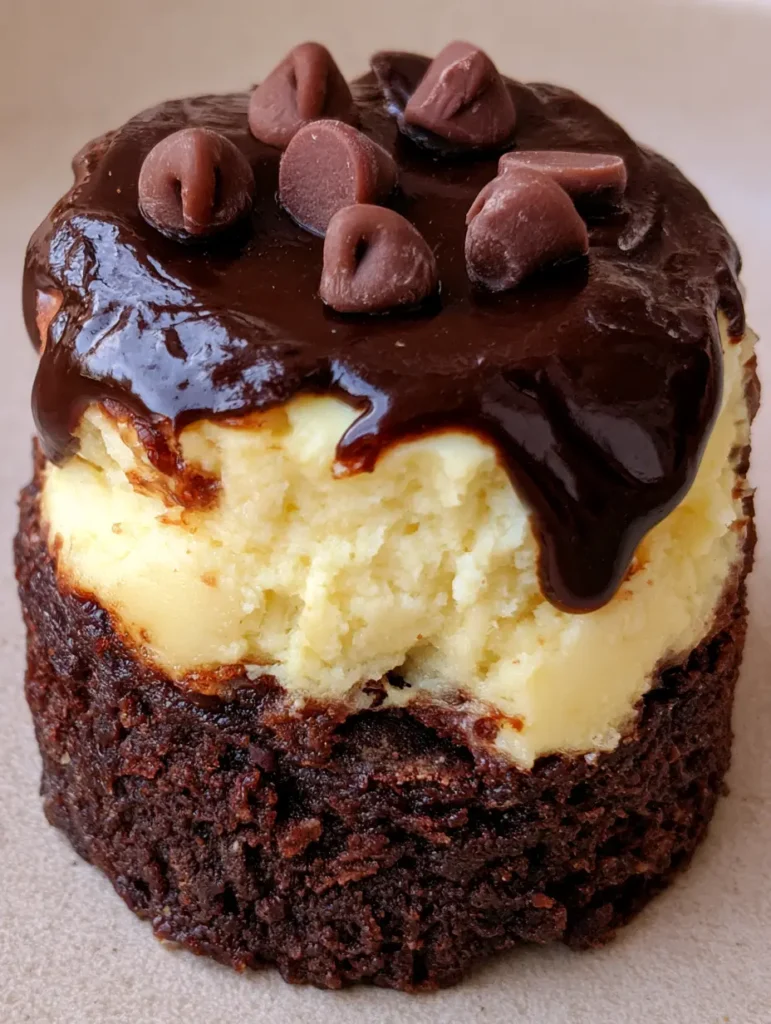 A smartphone photo of a round brownie bottom cheesecake bite on a neutral surface in natural light. (Brownie Bottom Cheesecake Bites)