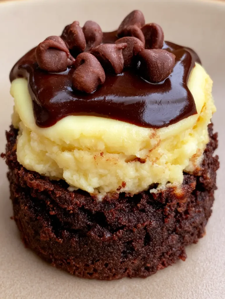 Brownie Bottom Cheesecake Bites: The Ultimate Fudgy and Creamy Mini Dessert 1 Detail shot of the glossy dark chocolate ganache and mini chips on top of the creamy cheesecake layer.