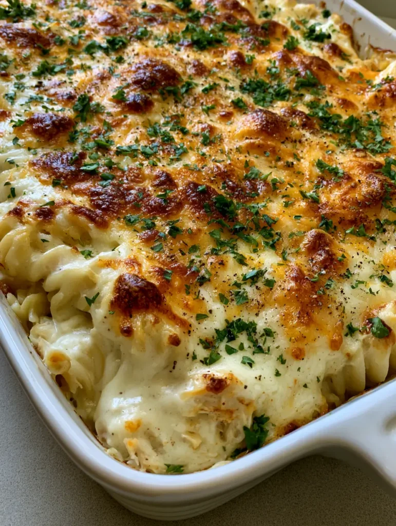 Close up handheld smartphone photo of a Chicken Pasta Casserole in a white ceramic dish with melted cheese and fresh parsley garnish.