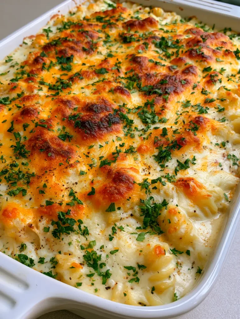 Chicken Pasta Casserole with a Bubbly Golden-Brown Cheese Crust 1 Overhead view of a bubbly Chicken Pasta Casserole showing the rotini spirals coated in white sauce beneath a layer of toasted cheddar.