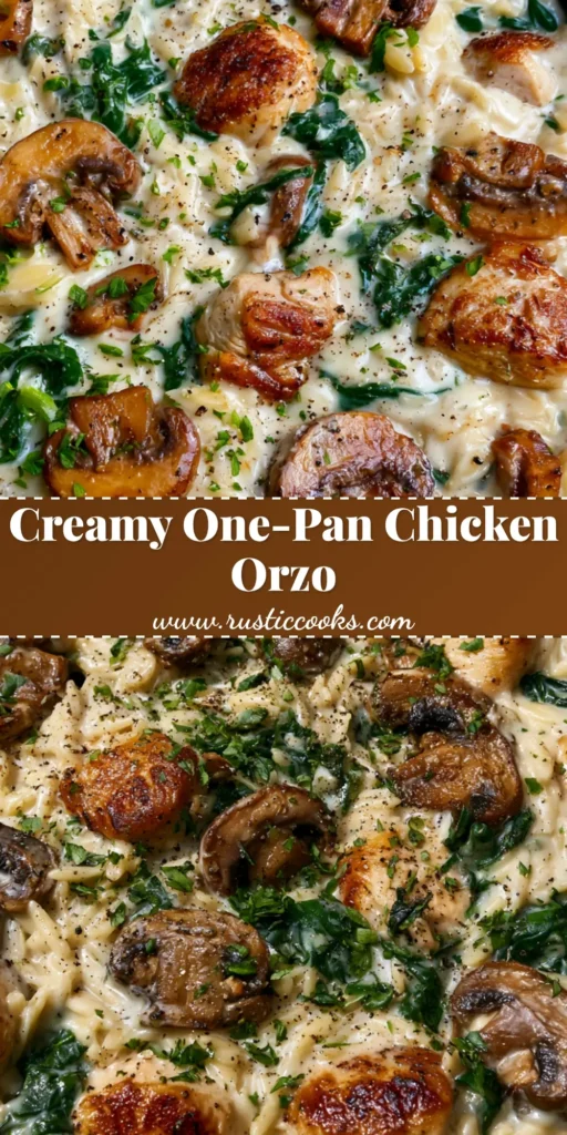 Creamy Chicken Orzo with Seared Cremini Mushrooms and Spinach 4 A black cast iron skillet filled with glossy Creamy Chicken Orzo, seared mushrooms, and vibrant spinach on a grey stone surface.