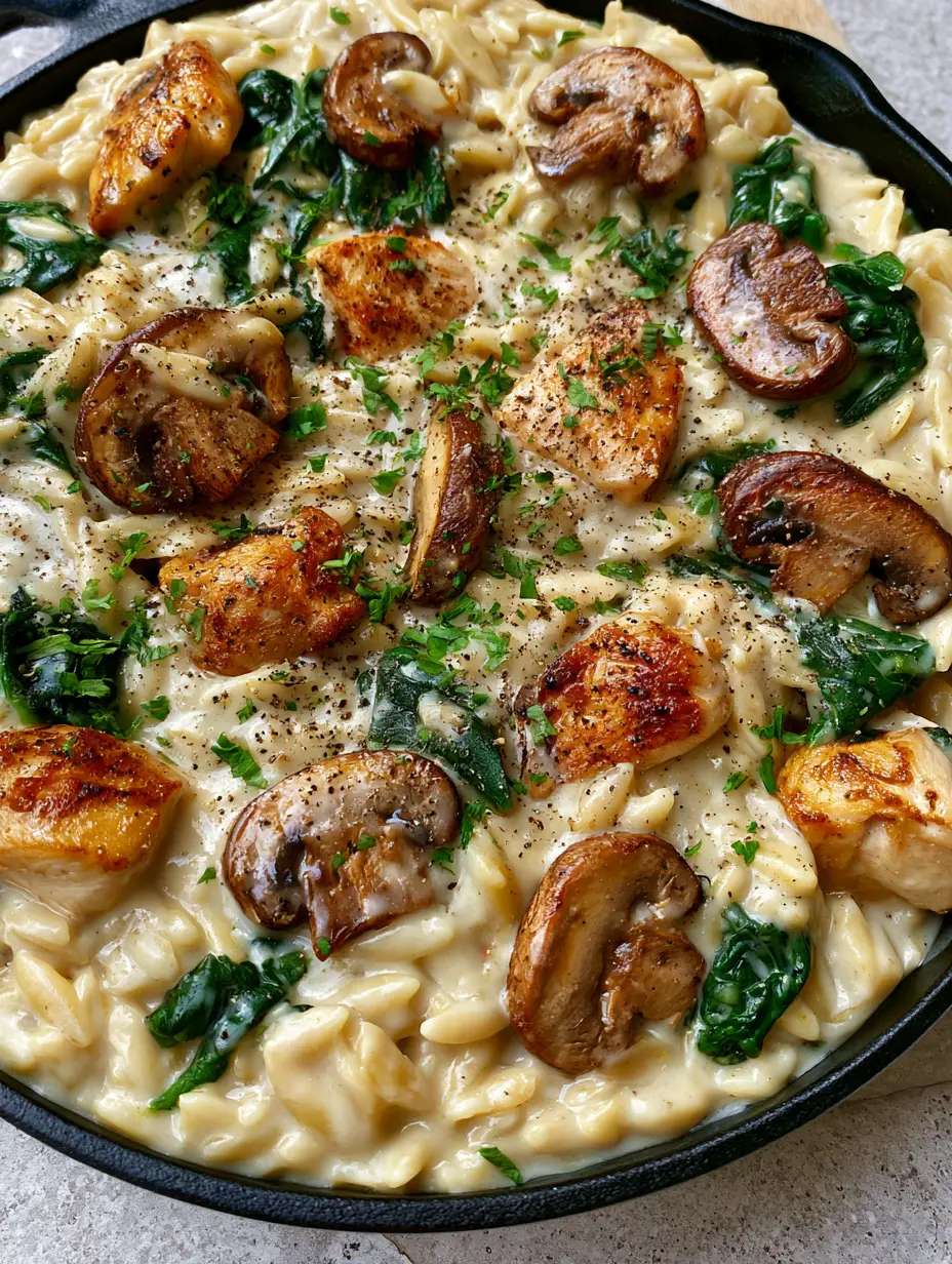 Creamy Chicken Orzo with Seared Cremini Mushrooms and Spinach 3 High-angle close-up of ivory orzo pasta coated in a pale-cream Parmesan sauce with golden chicken chunks. (Creamy Chicken Orzo)