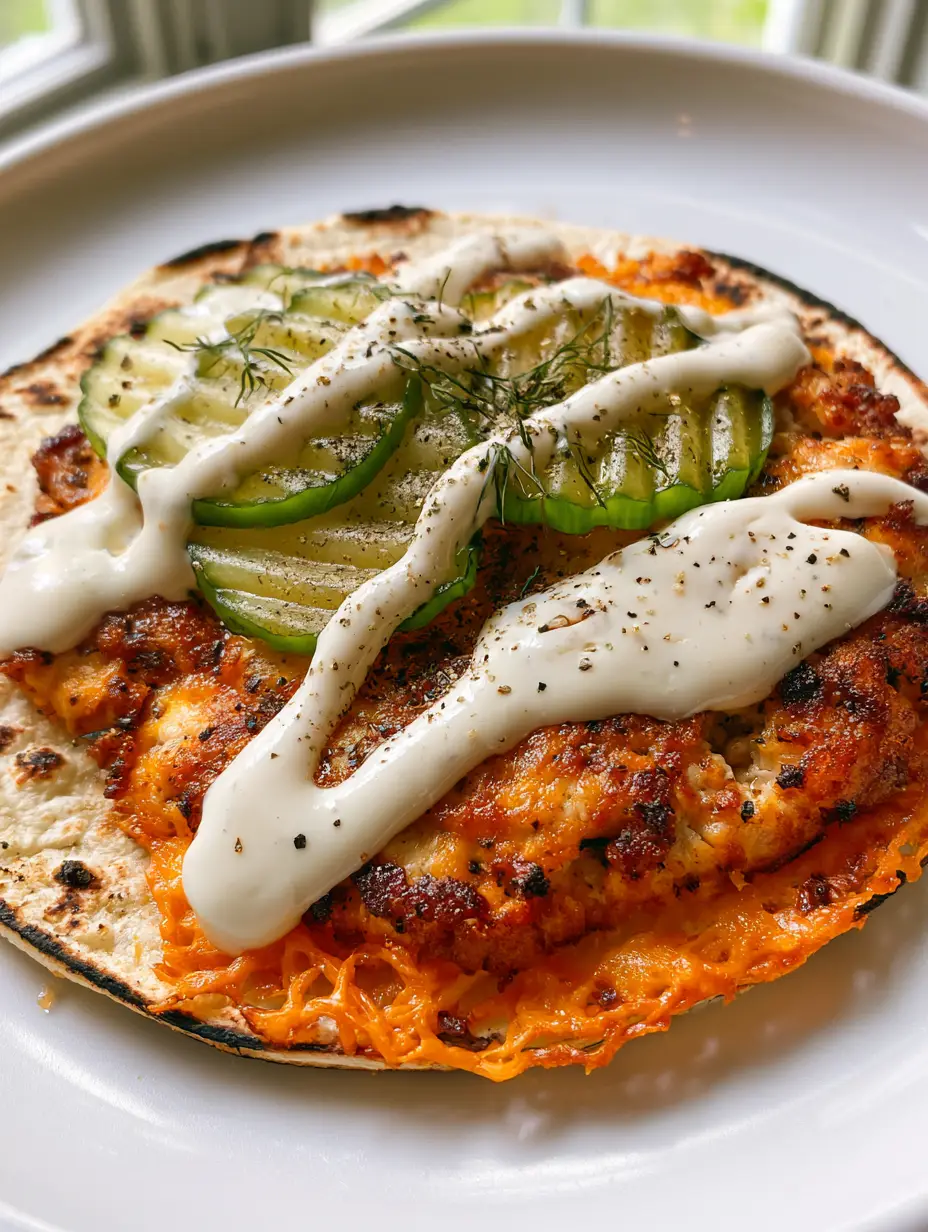 A close-up of a smash chicken taco held in hand, showing the golden-brown patty and lacy fried cheddar cheese. (Dill Pickle Ranch Chicken Tacos)