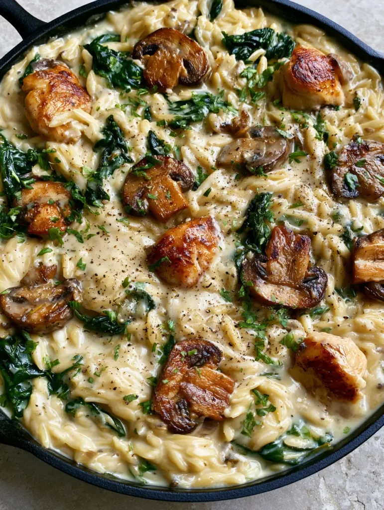Creamy Chicken Orzo with Seared Cremini Mushrooms and Spinach 1 A rustic skillet of Creamy Chicken Orzo garnished with cracked black pepper and fresh parsley flakes.