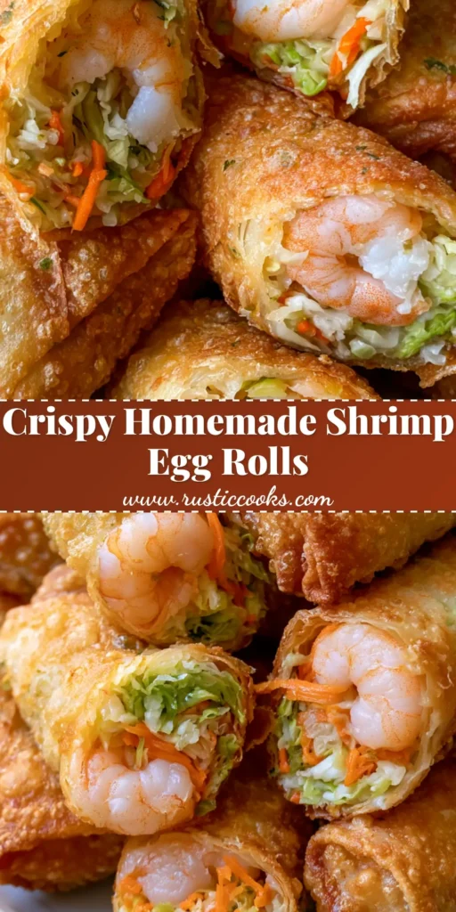 A pile of golden-brown Shrimp Egg Rolls on a white ceramic plate, cut open to show whole pink shrimp, shredded green and white cabbage, and julienned orange carrots.
