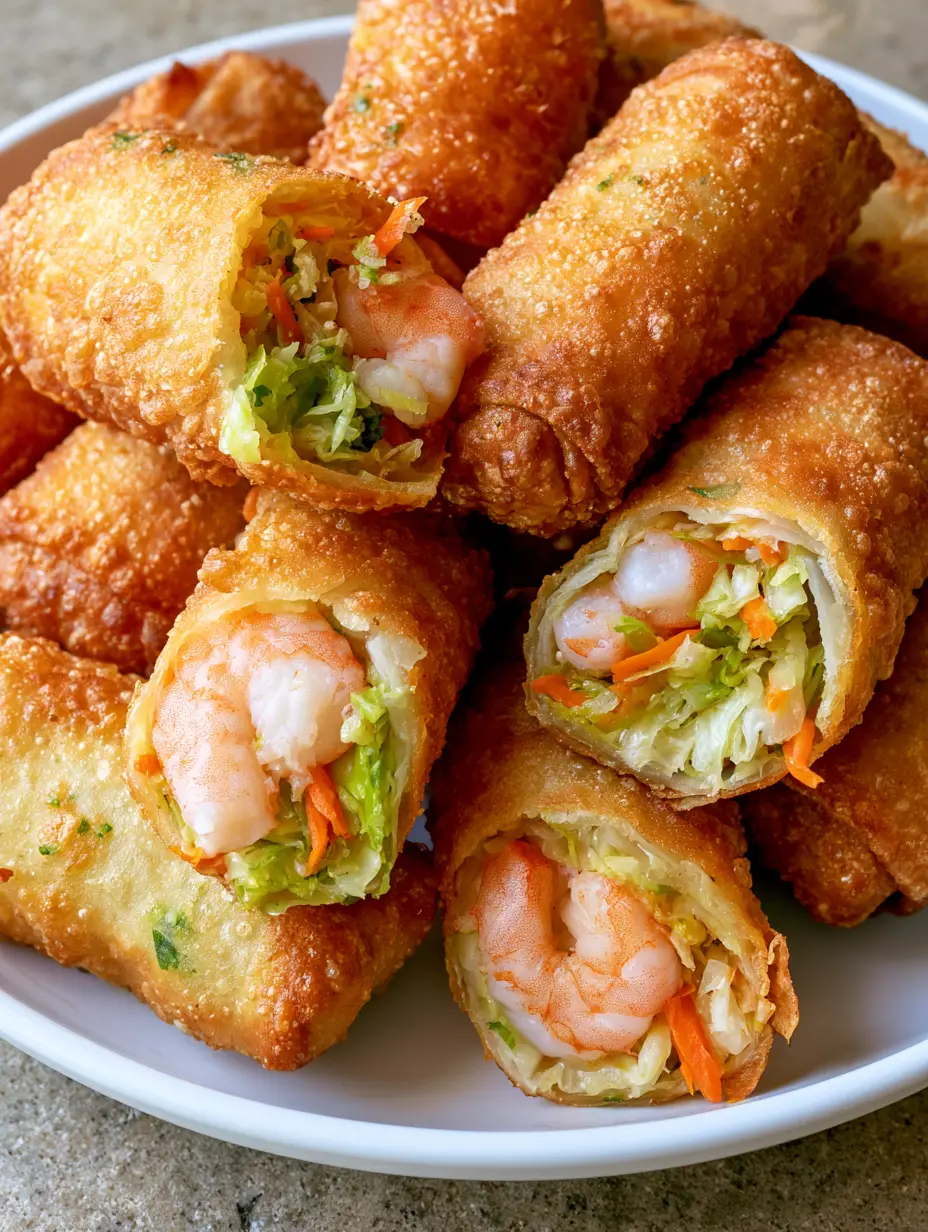 Close-up of crispy shrimp egg rolls showing a bubbly, crunchy deep-fried texture with herb specks.