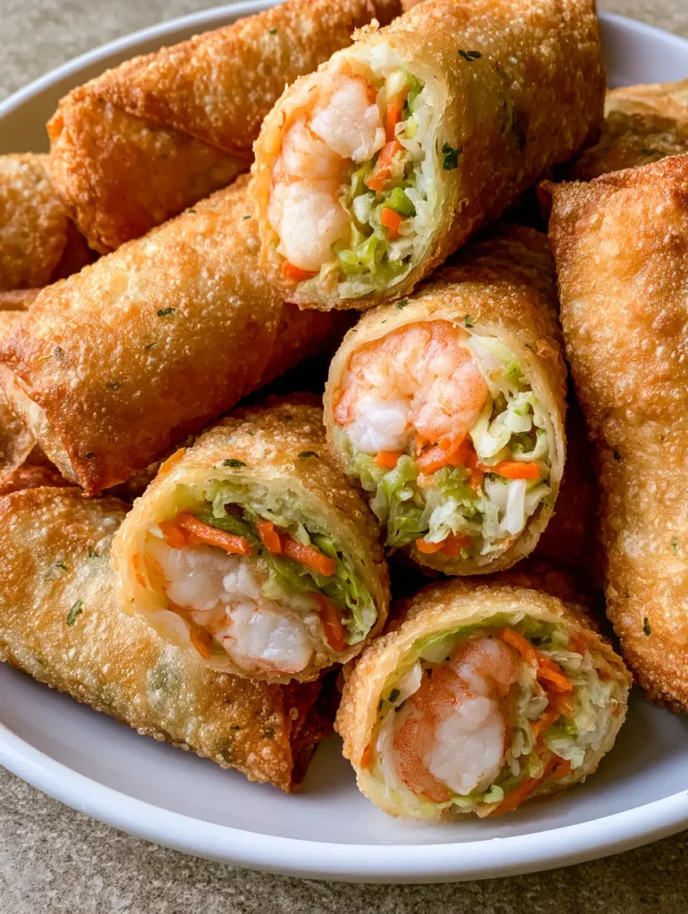 Half-cut shrimp egg rolls revealing layers of pink steamed shrimp, green and white cabbage, and orange carrots.