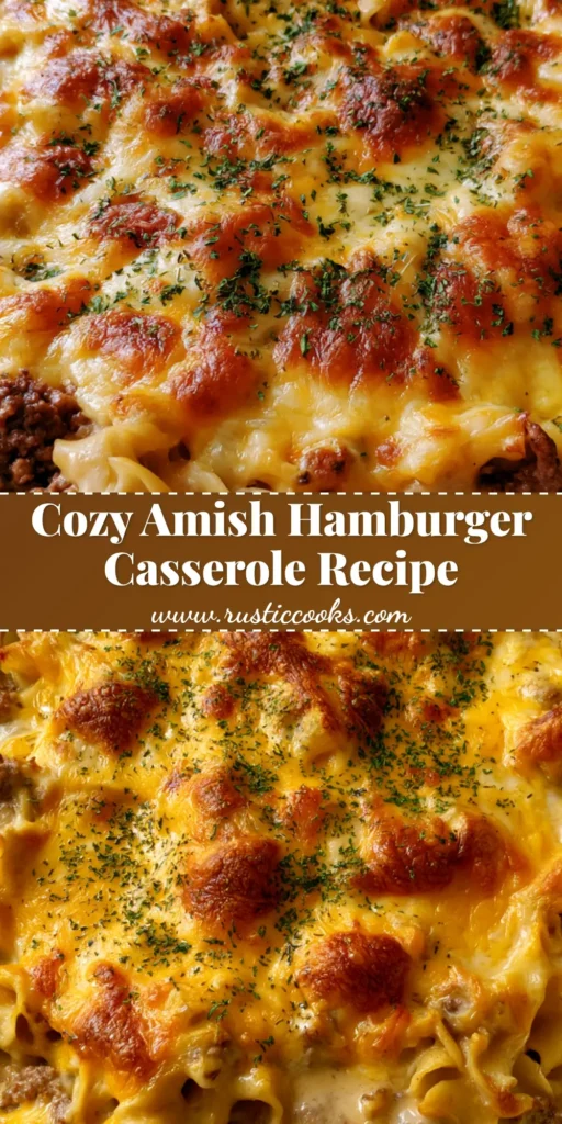 A handheld smartphone photo of an Amish Hamburger Casserole in a white ceramic dish with bubbly toasted cheddar cheese and parsley flakes.