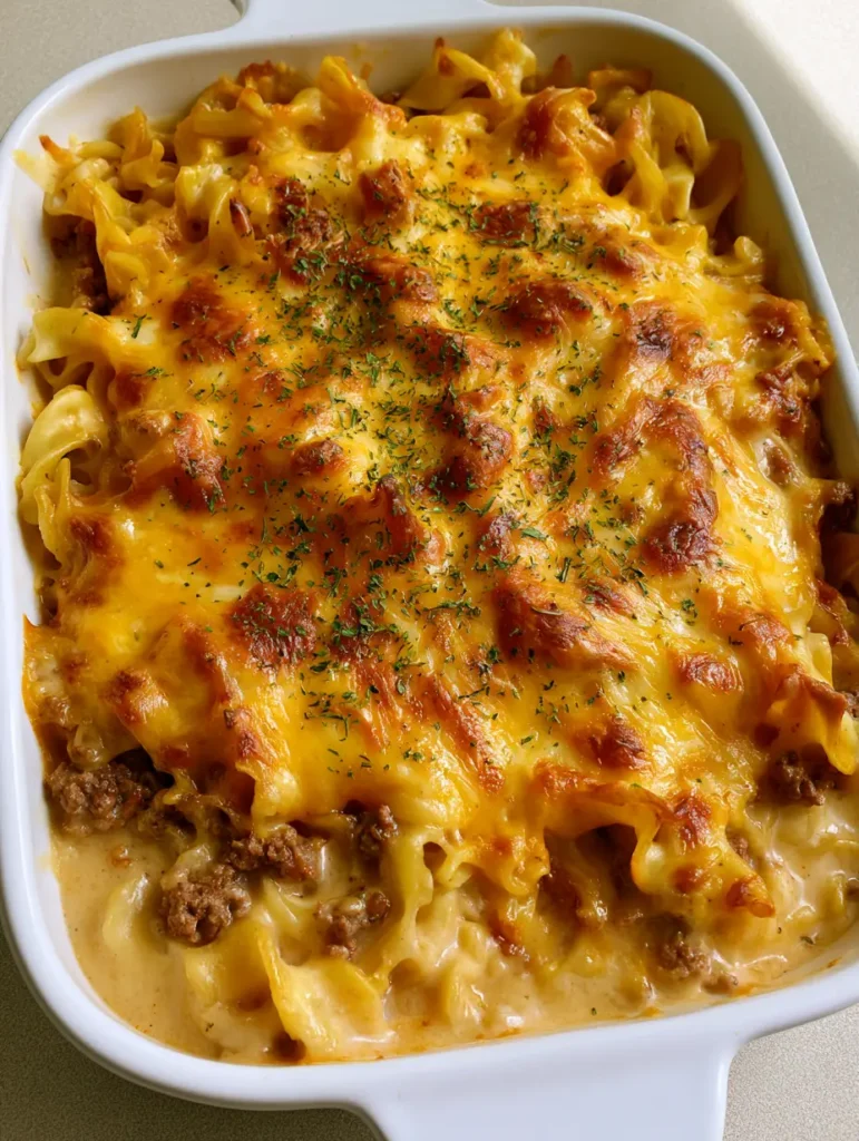 Close-up of toasted golden-brown cheese patches and green parsley flakes on an Amish Hamburger Casserole.